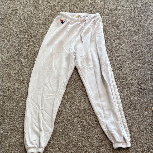 Aviator Nation White Track Joggers with Tan Side Stripes - Picture 2 of 5
